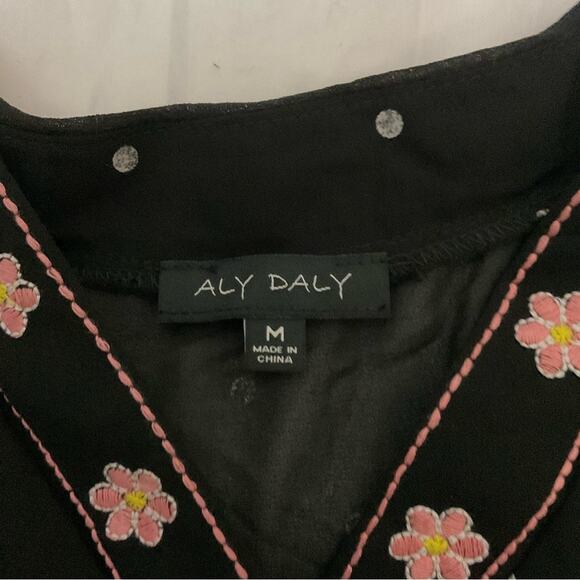 Aly Daly Black Polka Dot Embroidered Boho Peasant Sheer Lined Dress M Cottage - Picture 10 of 13